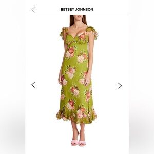 BETSEY JOHNSON Green and pink floral chiffon midi dress